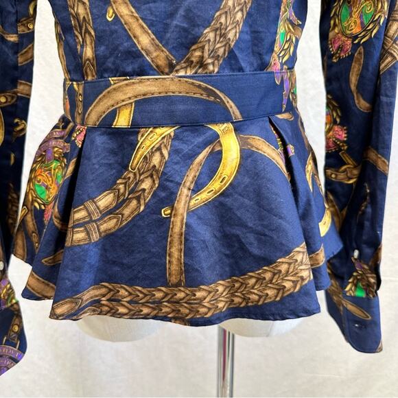 Lauren Ralph Lauren navy equestrian horse bit  button up peplum shirt size 4 - Picture 12 of 16